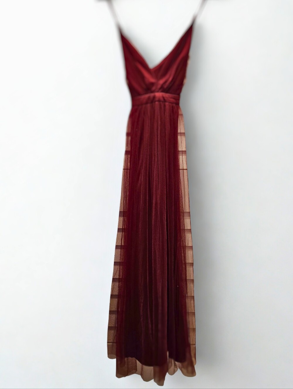 Lulu's Deep Burgundy V-Neck Maxi Dress with Sheer Overlay